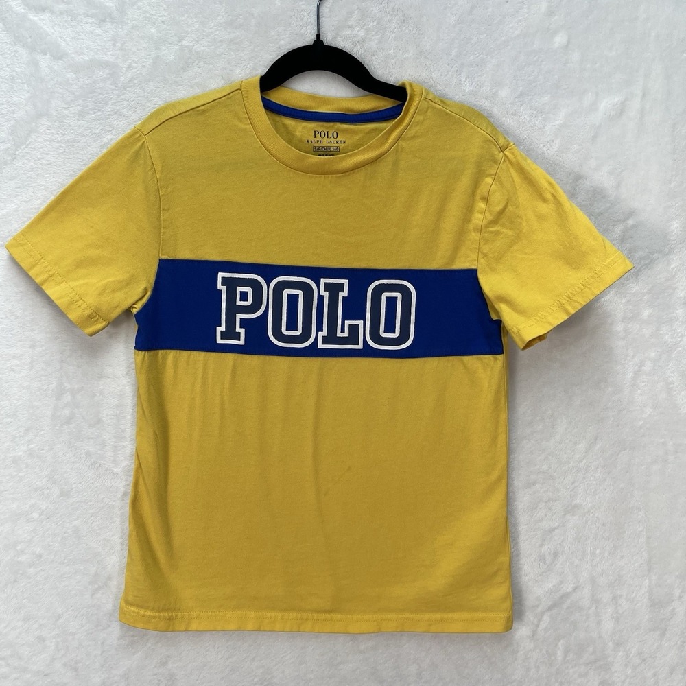 Polo Ralph Lauren Logo Shirt Boys Small/8 Colorblock Natural Cotton Yellow Blue